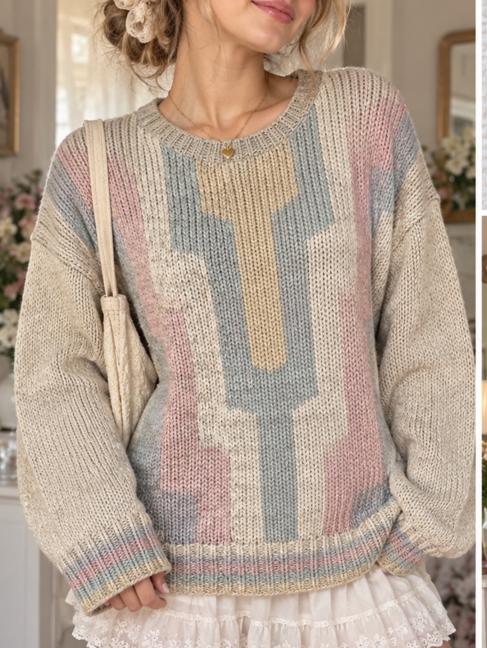 Vintage Jantzen Hand Knit Silk Cotton Sweater Pastel Geometric Coquette 80s 90s